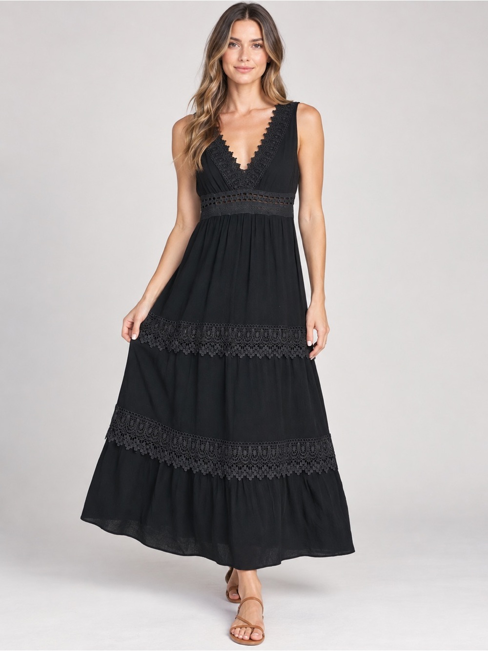 Black Crochet Lace Maxi Dress Womens M Boho Cottagecore Tiered Rayon Festival